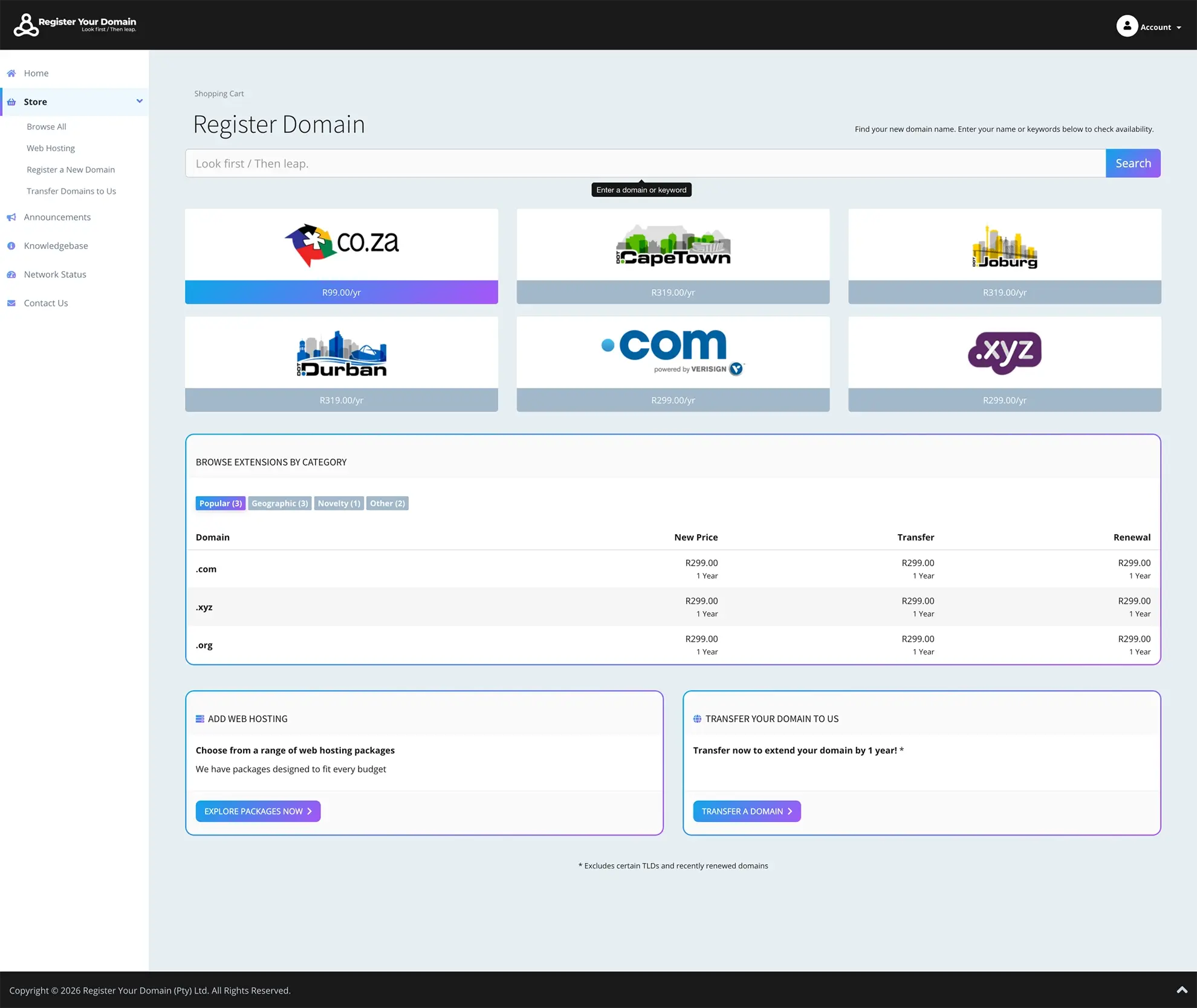 Accredited real-time system to instantly check and register your .co.za or other domain name in South Africa – fast, secure, no hidden fees from our ZADNA-approved registrar in Somerset West.
